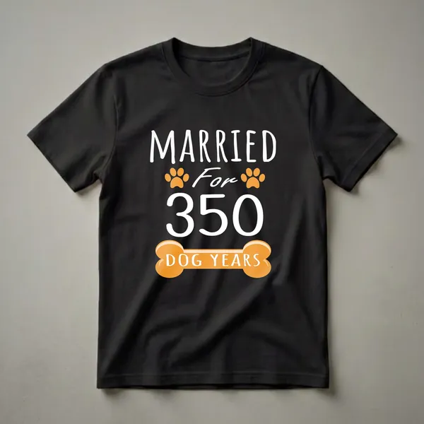 Black t-shirt with white text that reads 'MARRIED For 350' with orange paw prints, and an orange dog bone graphic with 'DOG YEARS' written in white.