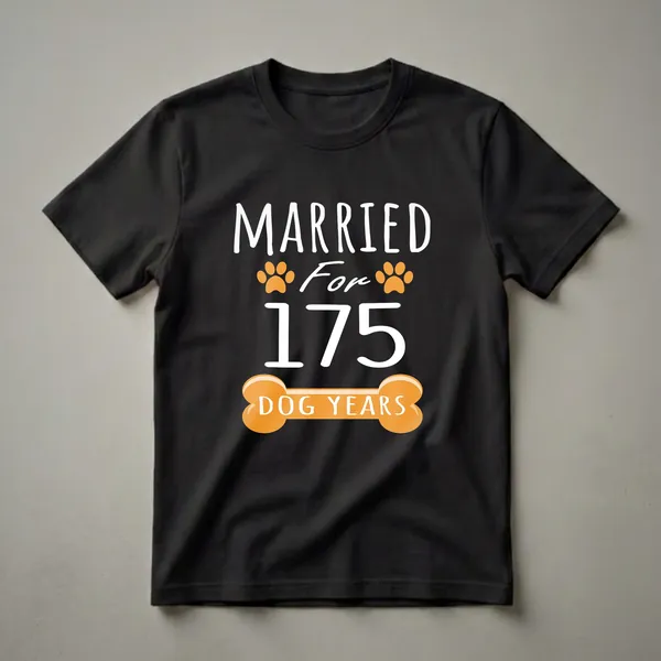 Black t-shirt with white text 'MARRIED For 175 DOG YEARS' and orange paw prints and a dog bone graphic.