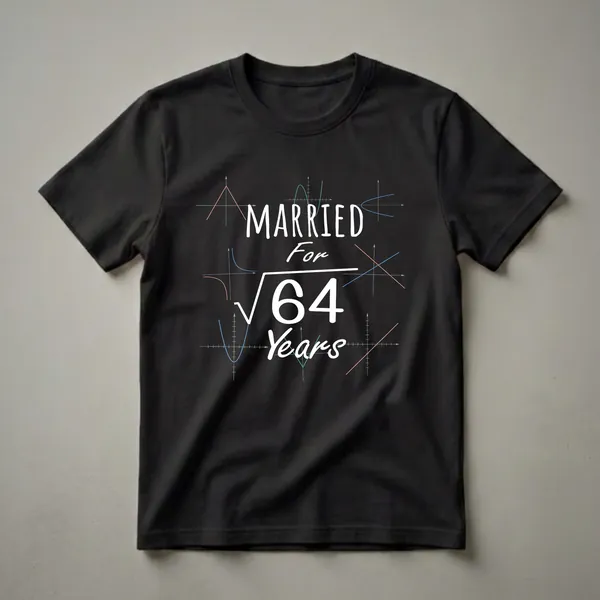Black t-shirt with white text that reads 'MARRIED For √64 Years' surrounded by colorful mathematical graphs.