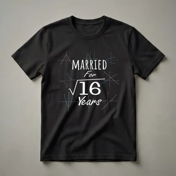 Black t-shirt with white text 'MARRIED For √16 Years' surrounded by colorful mathematical graphs and equations.