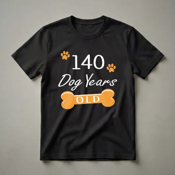 Black t-shirt featuring white text that reads "140 Dog Years Old" with orange paw prints and an orange dog bone graphic.