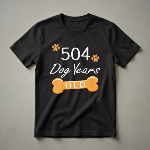 Black t-shirt with white text '504 Dog Years Old', orange paw prints, and an orange dog bone graphic.