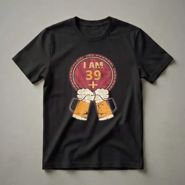A distressed graphic t-shirt design with the text 'I AM 39 PLUS 2' above two clinking beer mugs, in yellow, orange, and red colors.