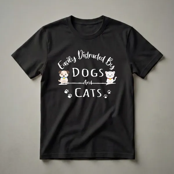 Black t-shirt with white text that reads "Easily Distracted By DOGS And CATS," featuring cartoon illustrations of a puppy and a kitten on either side, with paw prints below.