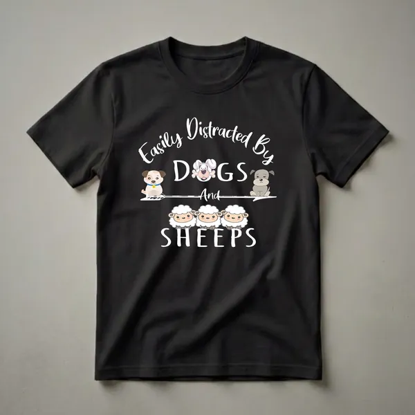 Black t-shirt with white text that reads 'Easily Distracted By Dogs And Sheeps', featuring cartoon illustrations of three sheep and three different dogs.