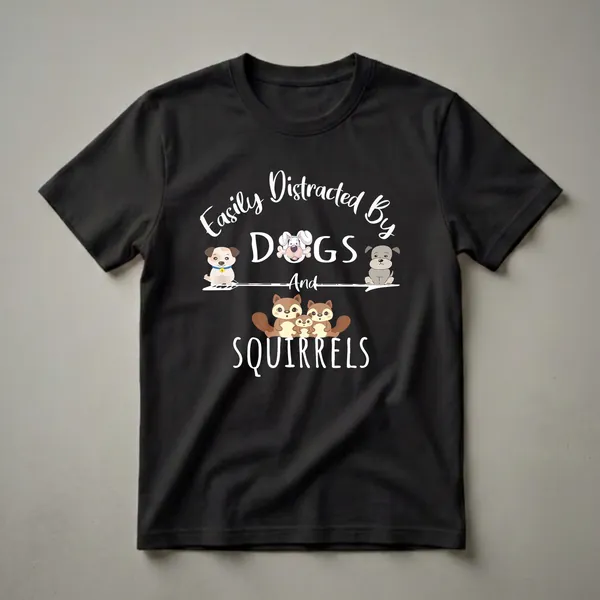 Black t-shirt with white text and cartoon graphics of dogs, a bunny, and squirrels, reading 'Easily Distracted By Dogs And Squirrels'.