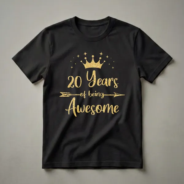 Black t-shirt with a gold graphic design that reads '20 Years of being eye-catching' with a crown and stars.