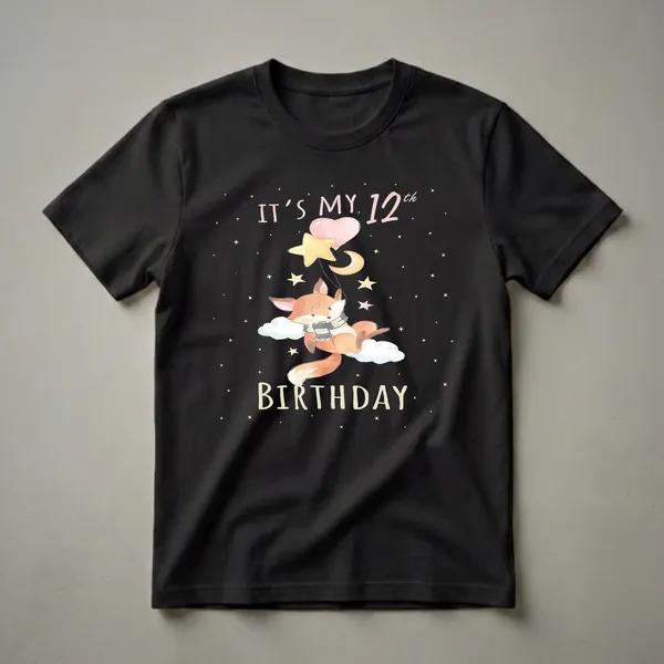 Black t-shirt featuring a watercolor illustration of a fox wearing a scarf, floating on clouds while holding balloons, stars, and a moon, with 'It's My 12th Birthday' text.