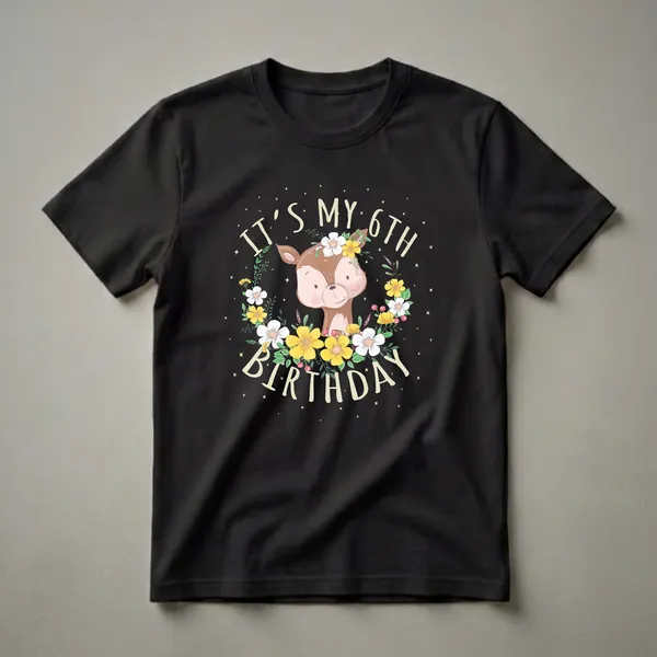 Black t-shirt featuring a cartoon deer wearing a floral crown with the text 'IT'S MY 6TH BIRTHDAY' and scattered stars.