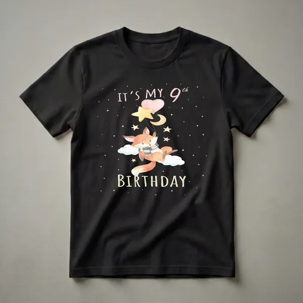 Black t-shirt featuring a watercolor illustration of a fox wearing a scarf, floating on clouds and holding balloons, with stars and the text 'IT'S MY 9th BIRTHDAY'.
