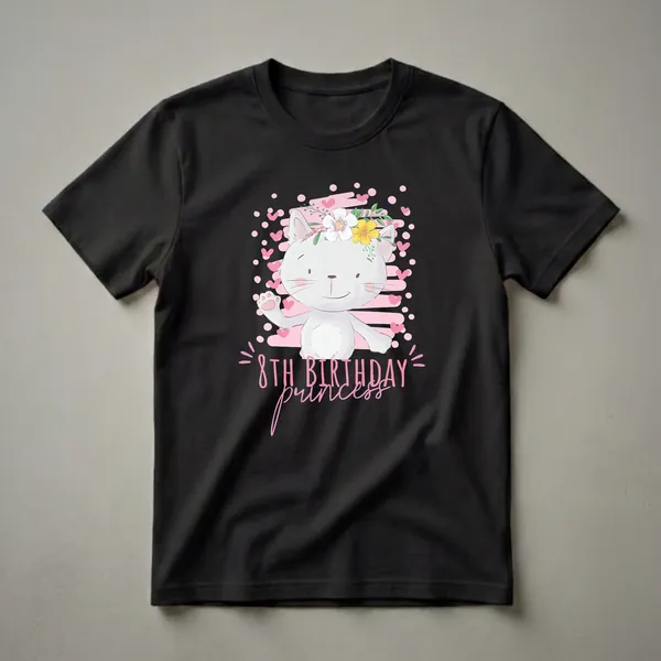 Black t-shirt featuring a cartoon white cat with a floral crown, surrounded by pink hearts and polka dots, with the text '8TH BIRTHDAY PRINCESS' in pink.