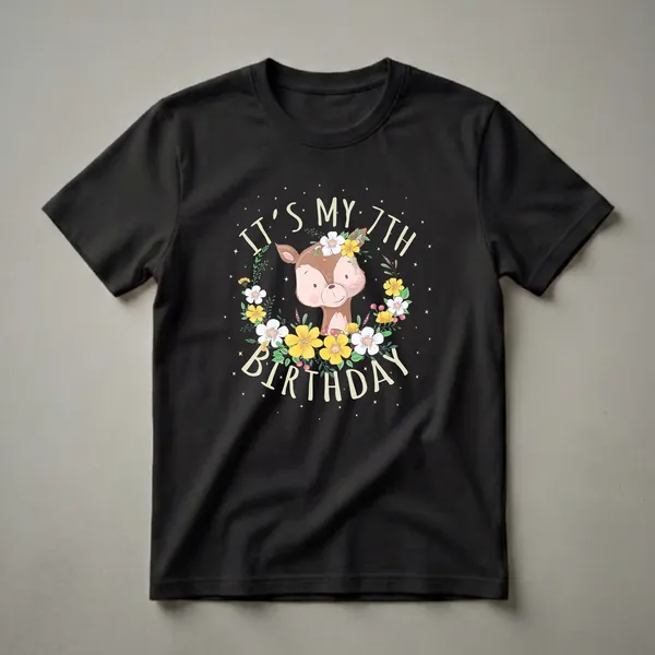 Black t-shirt featuring a cartoon deer with a floral crown and the text 'It's My 7th Birthday' in cream-colored font, surrounded by small yellow stars.