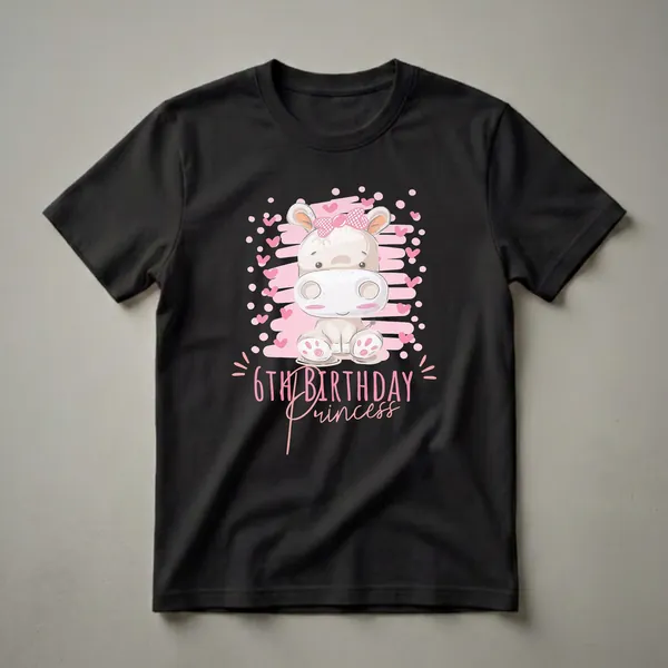 Black t-shirt featuring a light grey cartoon hippo wearing a pink bow, surrounded by pink hearts and brush strokes, with the text '6th Birthday Princess' in pink.