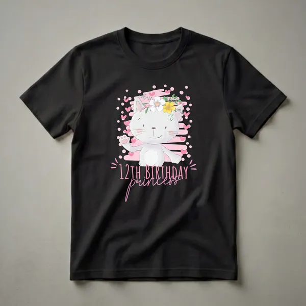 Black t-shirt featuring a white cartoon cat wearing a floral crown, waving a paw, with pink hearts and polka dots, and the text '12th Birthday Princess' in pink lettering.