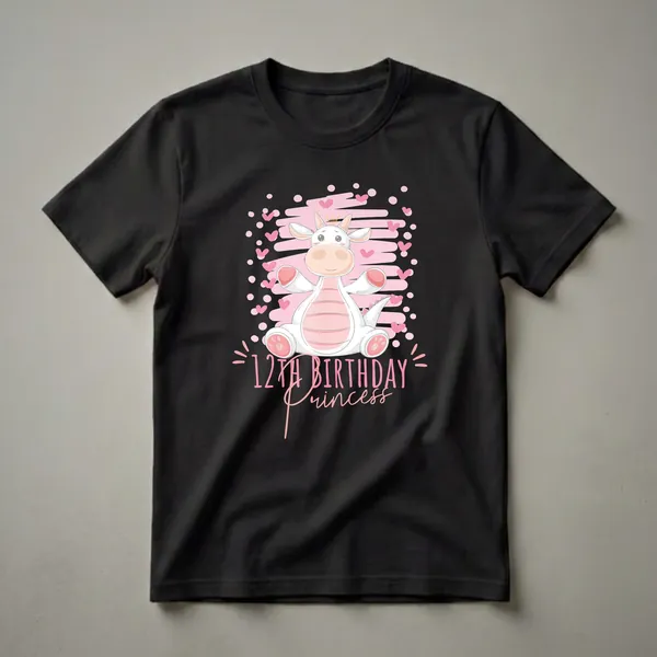 Black t-shirt featuring a white cartoon dragon wearing a golden crown, surrounded by pink stripes and pink hearts, with the text "12th Birthday Princess" in pink.