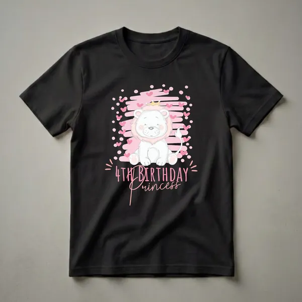 Black t-shirt featuring a cartoon white lion cub with a golden crown, pink mane, and pink hearts, with the text '4th Birthday Princess' in pink lettering.