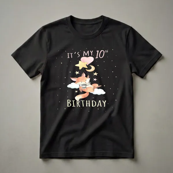 Black t-shirt featuring a watercolor illustration of a fox wearing a striped scarf, floating on clouds, holding balloons and celestial shapes against a starry night sky, with text 'IT'S MY 10th BIRTHDAY'.