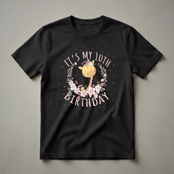 Black t-shirt featuring a cartoon giraffe wearing a floral crown, with pink text reading 'It's My 10th Birthday' and surrounded by flowers and yellow stars.