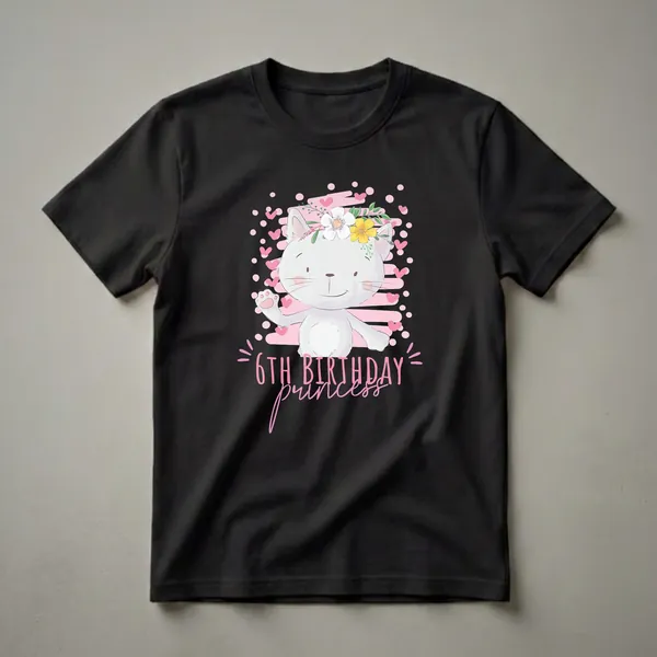 Black t-shirt featuring a cartoon white cat with a floral crown, pink hearts, and polka dots, with the text '6TH BIRTHDAY princess' in pink.