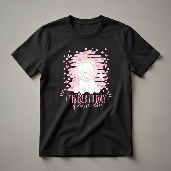 Black t-shirt featuring a cartoon white lion cub wearing a golden crown, surrounded by pink hearts and brush strokes, with "7th Birthday Princess" text below.