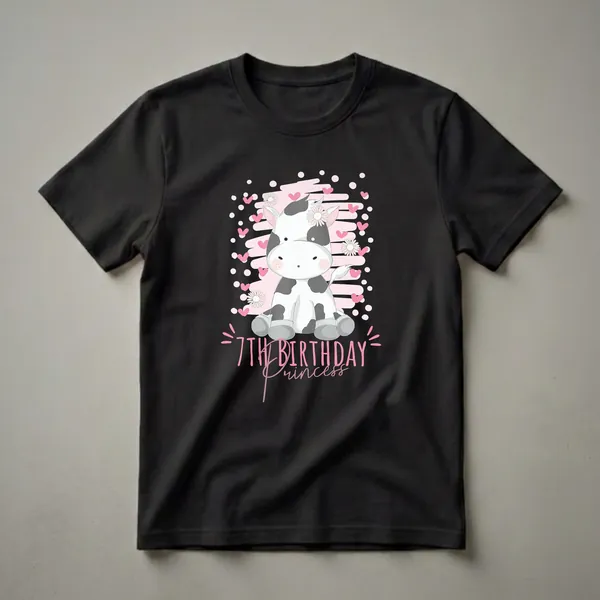 Black t-shirt featuring a cartoon cow with pink flowers and hearts, with the text '7th Birthday Princess' in pink lettering.