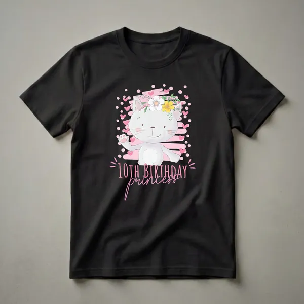 Black t-shirt featuring a cartoon white cat with a floral crown, pink hearts, polka dots, and the text '10th Birthday Princess'.