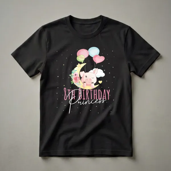 Black t-shirt featuring a watercolor illustration of a pink piglet on a crescent moon holding pastel balloons, with flowers and stars, and the text '8TH BIRTHDAY Princess'.