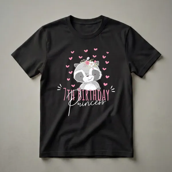 Black t-shirt featuring a cartoon raccoon wearing a floral crown, surrounded by pink hearts, with the text '7TH BIRTHDAY Princess' below.