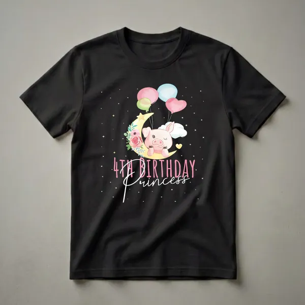 Black t-shirt featuring a watercolor illustration of a pink piglet sitting on a crescent moon, holding pastel balloons, with flowers and stars, and the text '4TH BIRTHDAY Princess'.