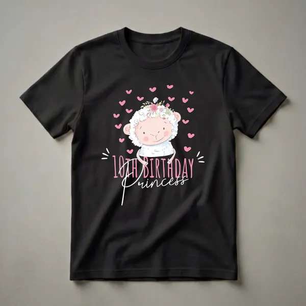 Black t-shirt featuring a cartoon sheep wearing a floral crown, surrounded by pink hearts, with '10th Birthday Princess' text.