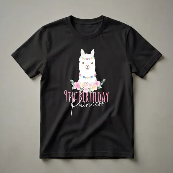 Black t-shirt featuring a white cartoon llama wearing a floral garland, surrounded by pink and yellow flowers, with '9TH BIRTHDAY Princess' text.