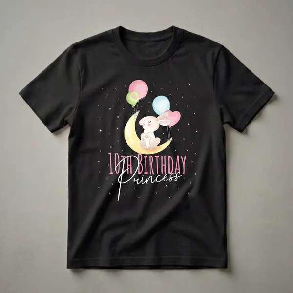 Black t-shirt featuring a watercolor illustration of a light brown bunny sitting on a yellow crescent moon, holding pink, green, and blue balloons, with yellow stars scattered across the background.