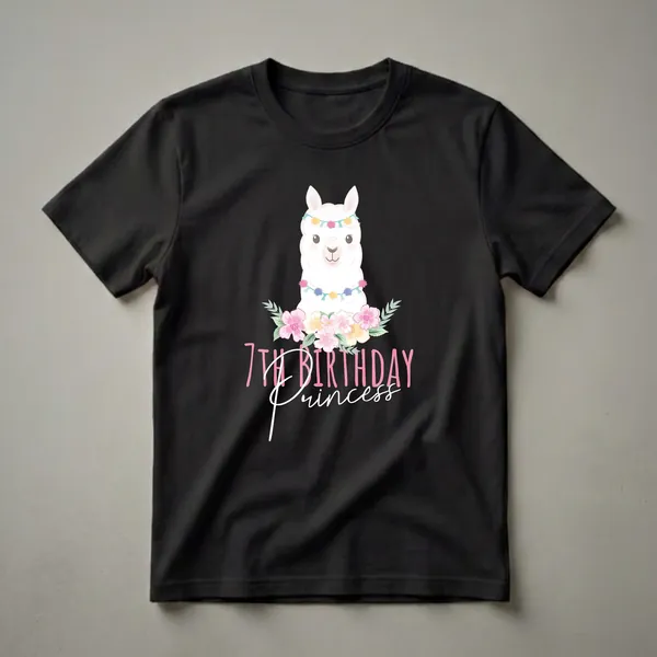 Black t-shirt featuring a white llama wearing a colorful pom-pom garland and surrounded by pink and yellow flowers, with '7th Birthday Princess' text below.