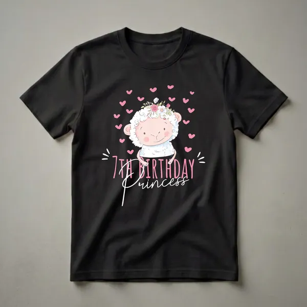 Black t-shirt featuring a cartoon sheep with a floral crown, surrounded by pink hearts, with the text '7TH BIRTHDAY Princess' in pink and white.