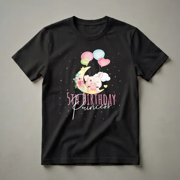 Black t-shirt featuring a watercolor illustration of a pink pig sitting on a crescent moon, holding pastel balloons, with flowers and stars, and the text '5th Birthday Princess'.