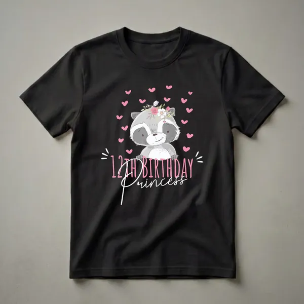 Black t-shirt featuring a cartoon raccoon wearing a floral crown, surrounded by pink hearts, with the text '12th Birthday Princess' in pink and white.