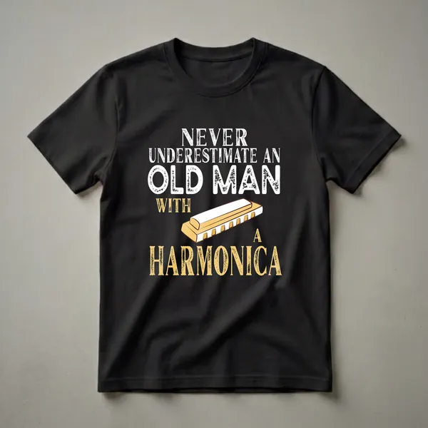 Black t-shirt with white and gold distressed text that reads 'Never Underestimate An Old Man With A Harmonica' and an illustration of a harmonica.