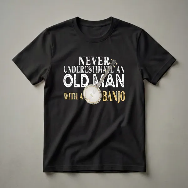 Black t-shirt with white distressed text that reads 'NEVER UNDERESTIMATE AN OLD MAN WITH A BANJO' and a realistic graphic of a banjo.