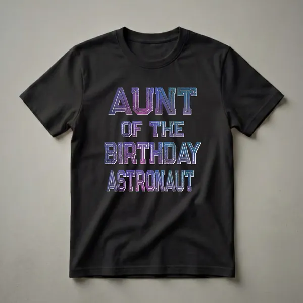 Black t-shirt with the words 'AUNT OF THE BIRTHDAY ASTRONAUT' in large, distressed, galaxy-print letters.