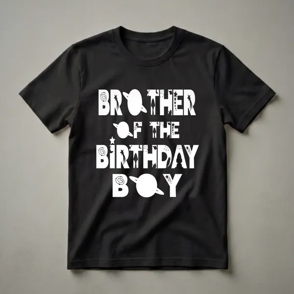 White "Brother of the Birthday Astronaut Boy" text with space graphics including planets, stars, and a rocket ship on a black t-shirt.