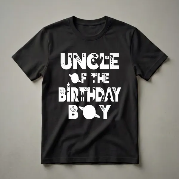 Black t-shirt with white text that reads 'UNCLE OF THE BIRTHDAY BOY' decorated with space graphics like stars, planets, rockets, and moons.