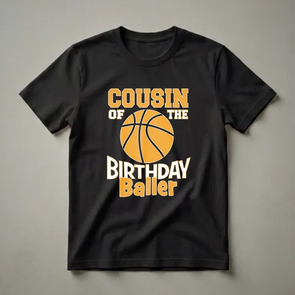 Black t-shirt with orange and white text reading 'COUSIN OF THE BIRTHDAY BALLER' and a graphic of a basketball.