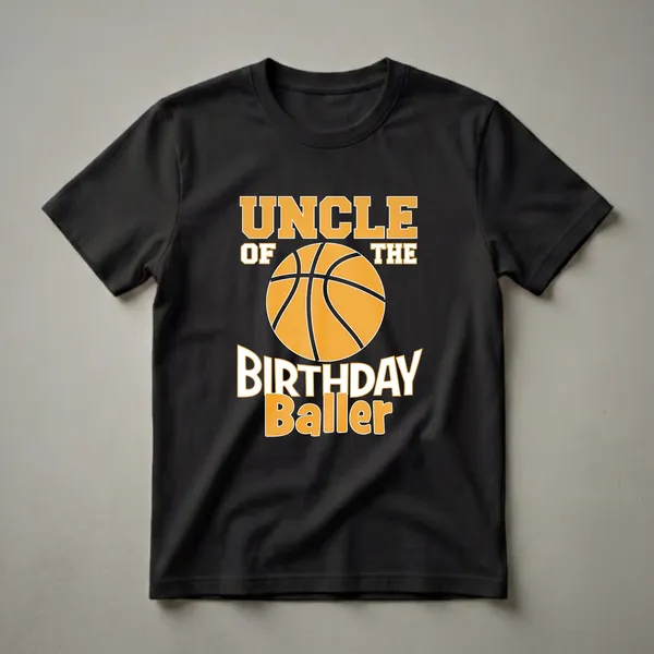 Black t-shirt with orange and white text reading 'UNCLE OF THE BIRTHDAY Baller' and a graphic of a basketball.