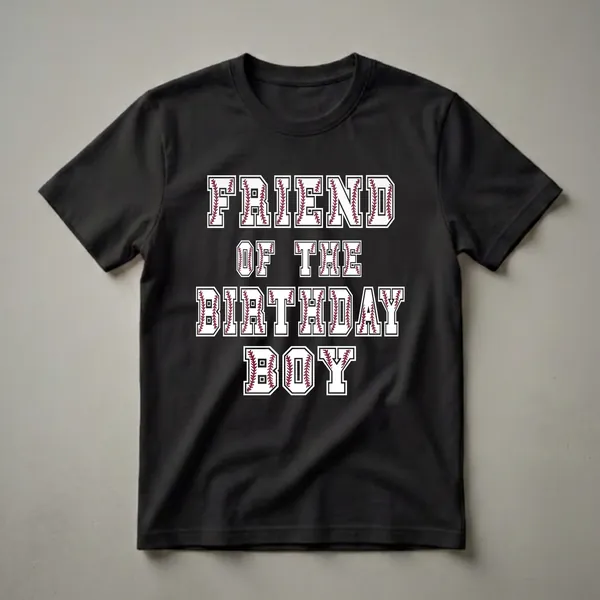 Black t-shirt with white and maroon letters that read 'FRIEND OF THE BIRTHDAY BOY', designed to look like baseballs with stitching.