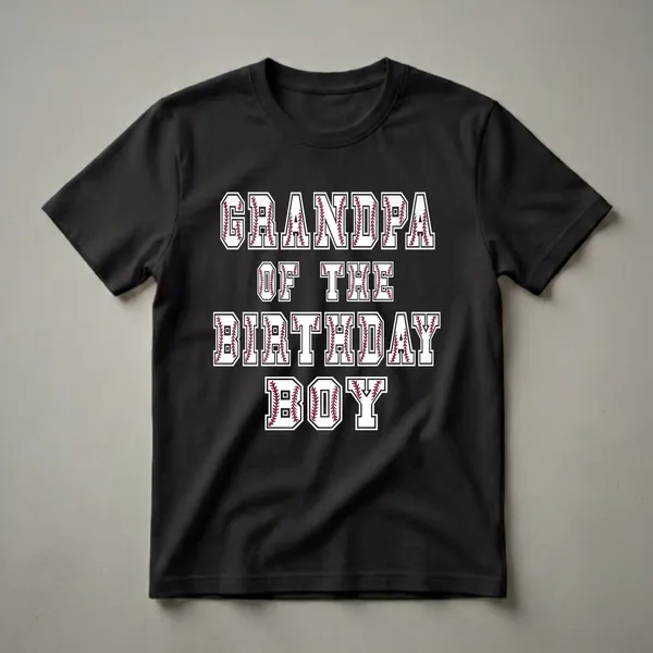 White t-shirt with black and maroon collegiate lettering that reads 'GRANDPA OF THE BIRTHDAY BALLER', featuring baseball stitching within the letters.
