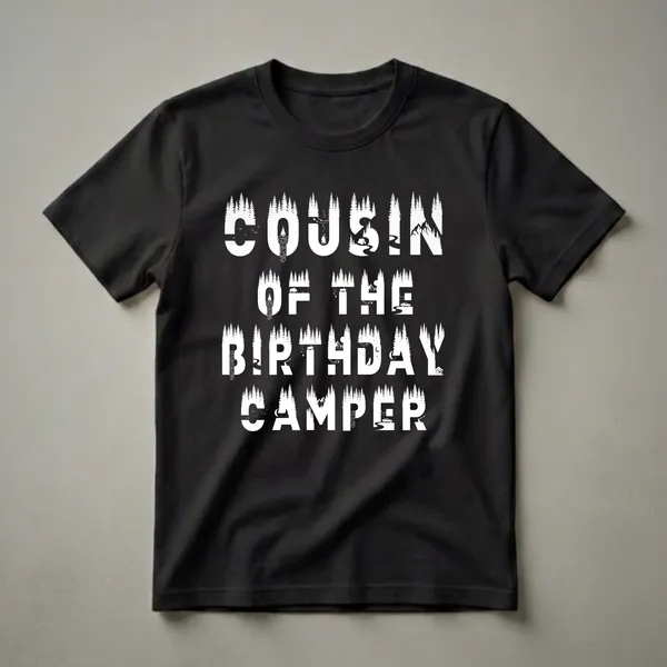 Black t-shirt with white text that reads 'Cousin Of The Birthday Camper' filled with camping and nature silhouettes like trees, mountains, a campfire, and a tent.