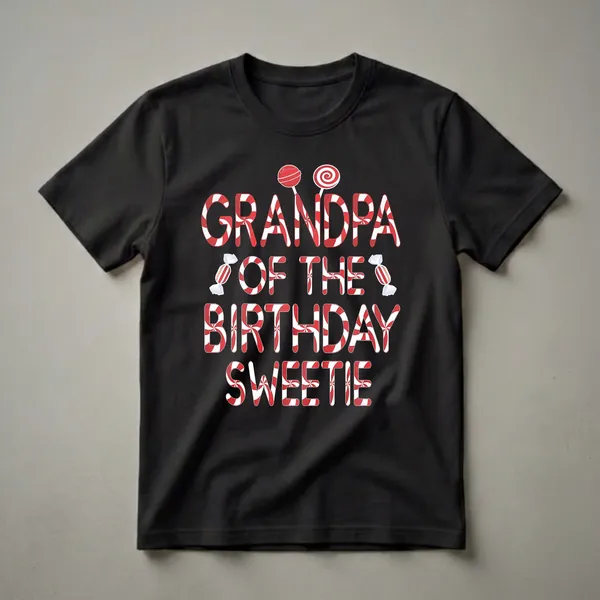 Black t-shirt with the words "GRANDPA OF THE BIRTHDAY SWEETIE" in red and white candy-striped lettering, adorned with lollipop and wrapped candy graphics.