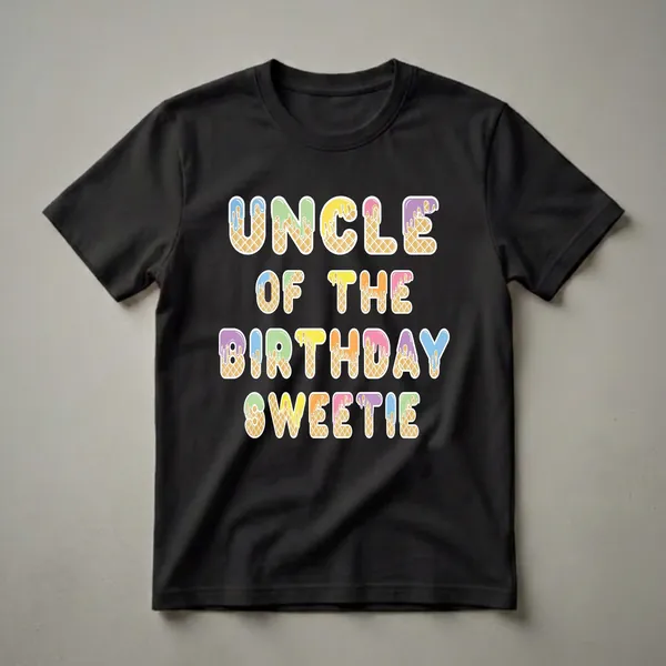 White t-shirt with the words 'Uncle Of The Birthday Sweetie' in colorful, ice cream cone textured letters with dripping frosting.