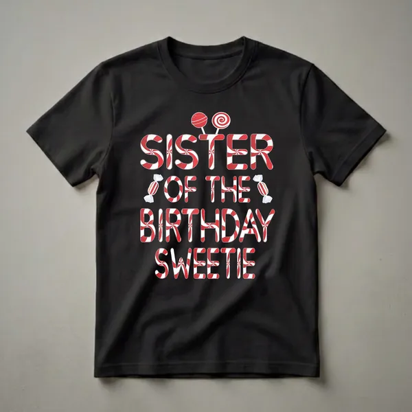 White graphic t-shirt with red and white candy-striped lettering that reads 'SISTER OF THE BIRTHDAY SWEETIE', adorned with lollipops and wrapped candies.