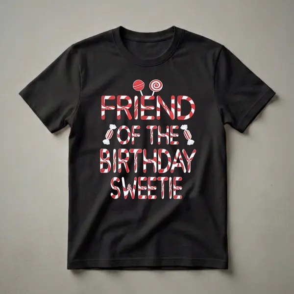 Black t-shirt with red and white candy stripe lettering that reads 'FRIEND OF THE BIRTHDAY SWEETIE', adorned with lollipops and wrapped candies.